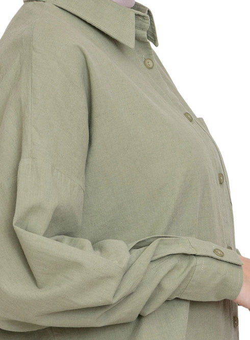 Olive Linen Pocket Over Size Shirt - Khotwh
